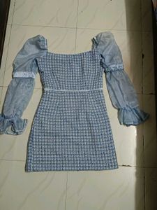 Blue Tweed Mini Dress Sheer Sleeves