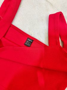 Red Square Neck Slit Dress