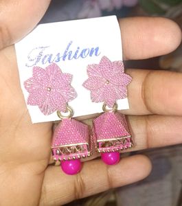 Pink Flower Jhumka Earrings