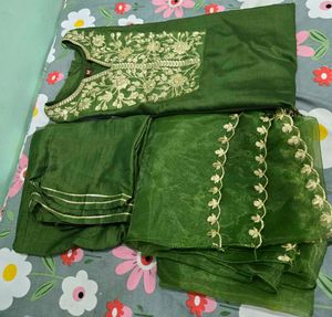 Green Embroidered  Kurta Plazo Dupatta