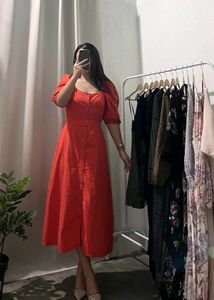 Orange Puff Sleeve Midi Dress