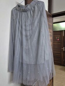 Gray Tulle Skirt with Pearls