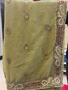 Pure Georgette , With Cream Colour , Hand Work Wit