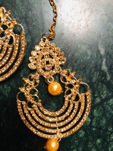 Long Nd Beautiful Stonework Earring With Mang Tika
