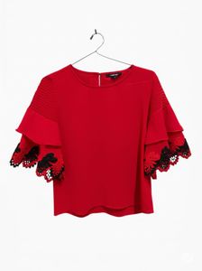 Red Ruffle Sleeve Top with Floral Lace