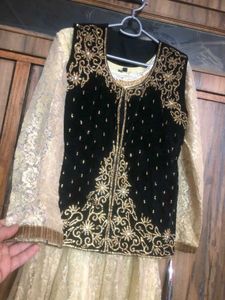 Golden Anarkali With Black Stone Work Shrug