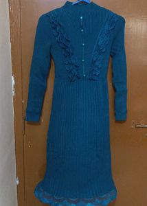 Blue Knit Dress with Ruffle Detail