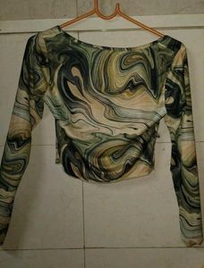 Abstract Print Long Sleeve Crop Top