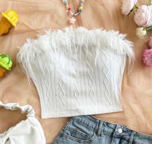 White Feather Trim Tube Top
