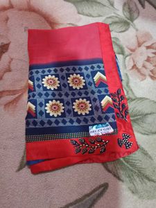 Red & Blue  floral printed zari Saree