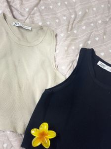 Zara Ribbed Crop Tank Tops - Black &amp; Beige (Set of
