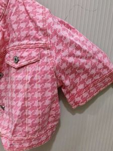 Pink Houndstooth Denim Jacket