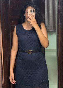 Navy Blue Textured Sheath Dress