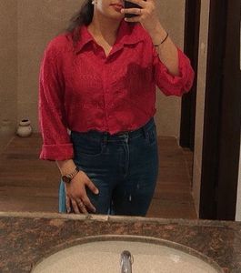 Red Cropped Embroidered Shirt