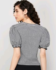 Fitted Black And White Checked Top