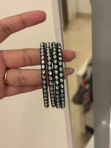 Green &amp; Silver Beaded Bangle Combo Of Two