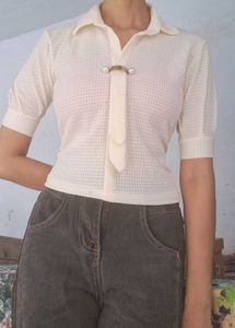 Vintage Cream Knit Top with Pearl Detail