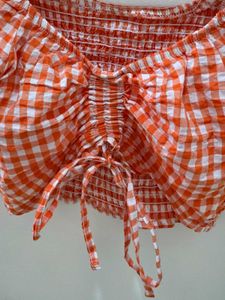 Charming Orange Gingham Puff Sleeve Crop Top