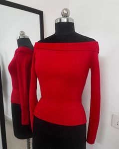 Red Off-Shoulder Long Sleeve sweater top