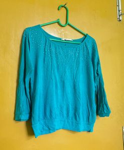 Teal Blue 3/4 Sleeve Embellished Casual Top