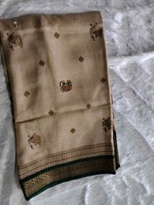 Elegant Beige &amp; Green Silk Saree
