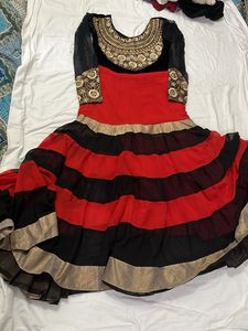 Red & Black Striped Dress with Embroidery