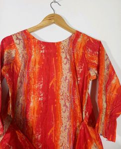 Retro Orange Print Tie-Waist Dress