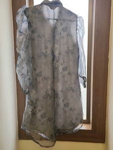 Grey Floral Kurti-Button Front and Long Sleev