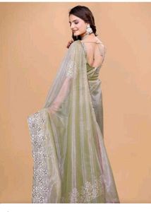 Elegant Olive Green Twill net embroidery  work Sar