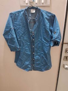 Denim Shirt With Stand Collar