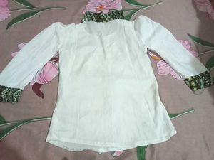 Girls White Tunic Top with green banarasi design