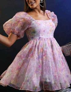 Floral Organza Mini Dress With Puff Sleeves