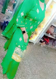 Green Silk Plazzo Kameez Set With Dupatta