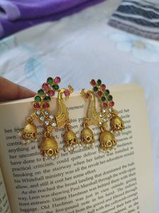 Golden Peacock Jhumkis With Red And Green Bead Detailing