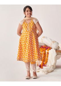 Festive Yellow &amp; Lace Outfit For Kids -15-16 Years