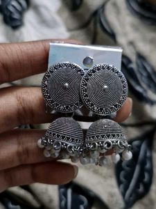 Silver Jhumkas With Pearl Hangings