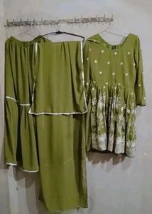 Olive Green Embroided Kurti With Garara &amp; Dupatta