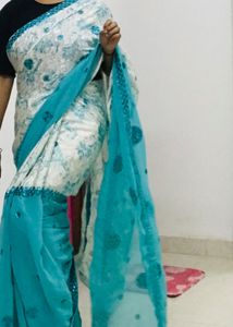 Elegant White & Blue Saree