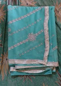 Elegant cyan Saree with Silver Work