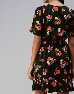 Floral Printed Flared Sleeve Wrap Above Knee Dress