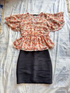 Floral Top & Black Skirt Set