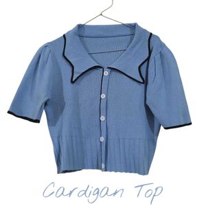 Korean Blue Cropped Cardigan Top