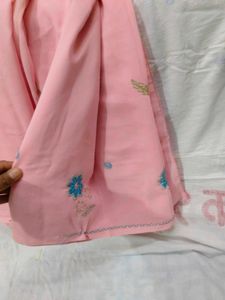 Pink Saree With Sky-blue Flower