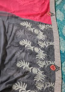 Pink And Grey Embroidered Saree(  Without Blouse P