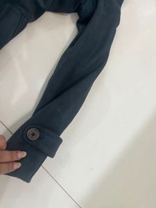 Furry Neck Teal Color Thigh Length Coat