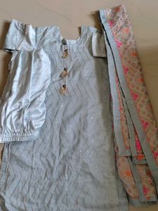 Light Blue Kurti With Pant And Dupatta Set