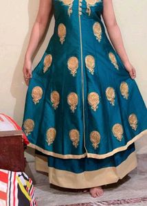 Teal &amp; Gold Embroidered Anarkali