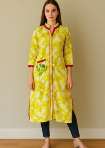 Yellow & Red Embroidered Kurti
