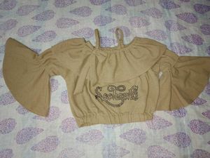 Ruffled embellished tan blouse