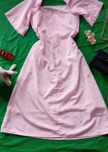 Pink Midi Dress with Puff Sleeves